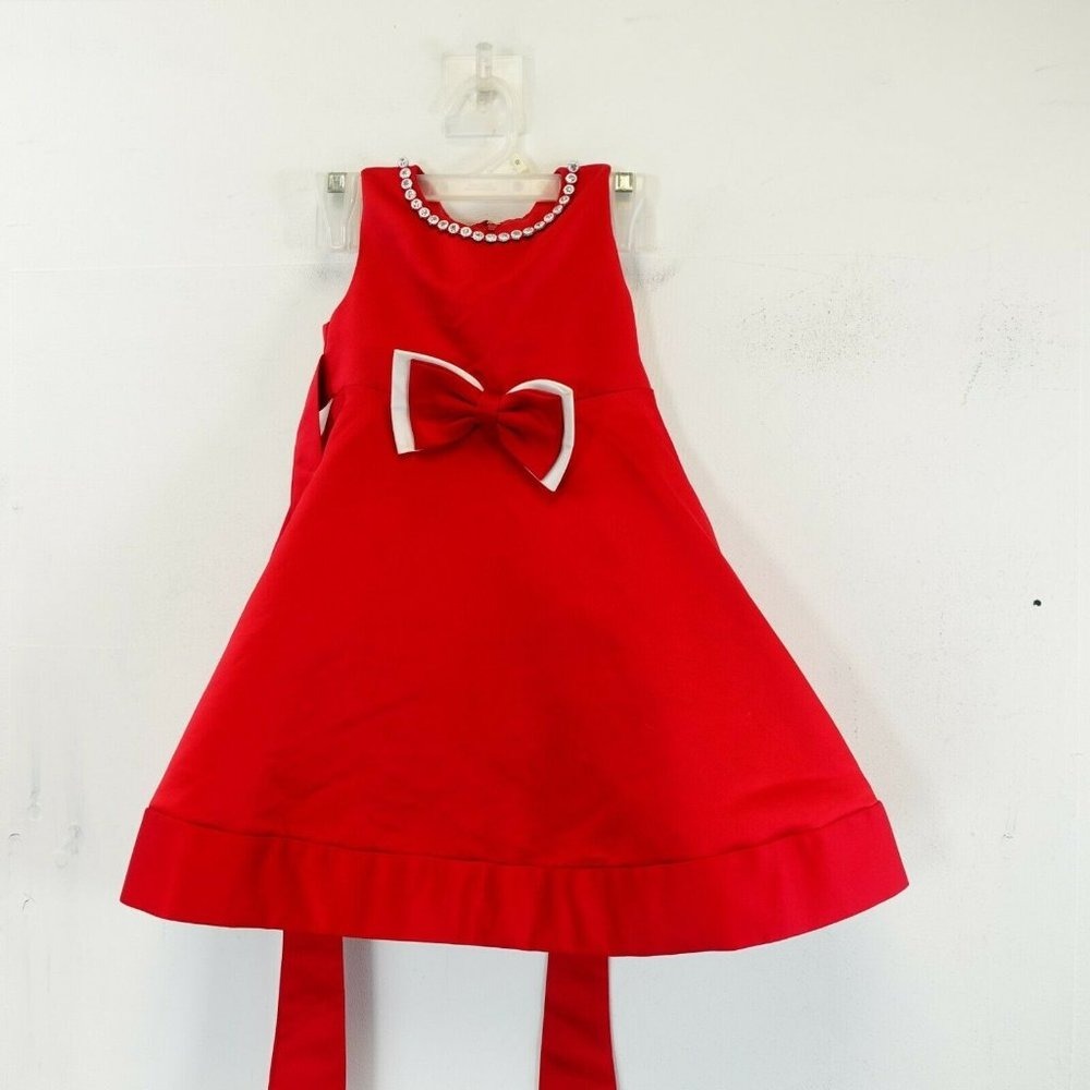 PRINCESS FAITH Dress Girls 3T Red White Ribbon Rhinestone Stud Flower Girl Party